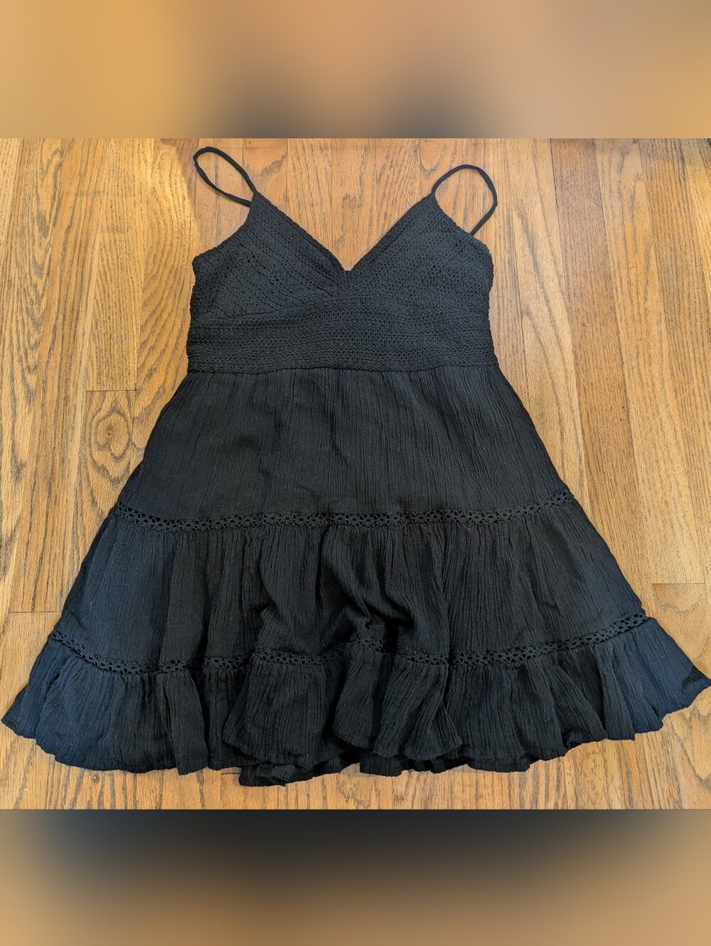 American Eagle Outfitters Black Crochet Bodice Mini Sundress sz M Boho Vacation
